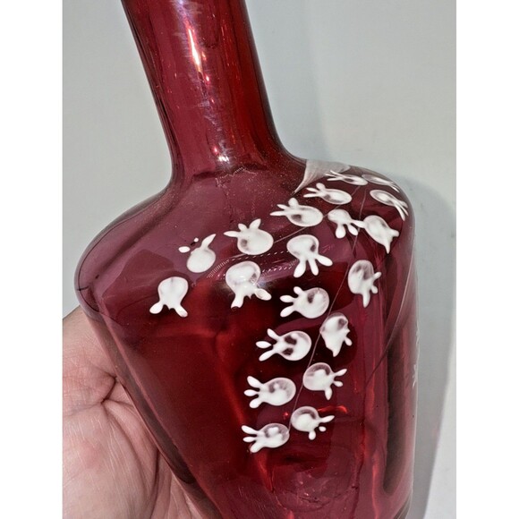 Vintage Victorian Cranberry Glass Jug W/Hand Painted White Flowers Gold Trim 7” - Picture 13 of 16